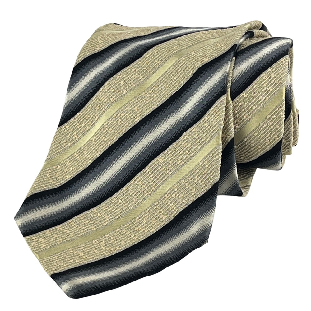 Pavone Tie Mens One Size Gold Black Grey Textured jacquard‎ stripe Made in Italy